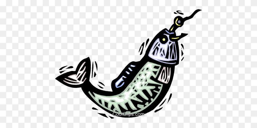 480x357 Fish On A Hook Royalty Free Vector Clip Art Illustration - Fish Hook Clipart
