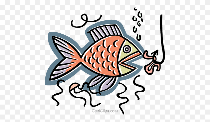 480x430 Fish With Baited Hook Royalty Free Vector Clip Art Illustration - Fish And Hook Clipart
