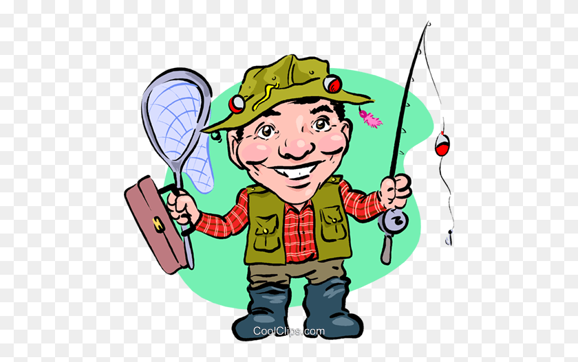 480x467 Fisherman With Pole, Net And Tackle Box Royalty Free Vector Clip - Tackle Box Clipart