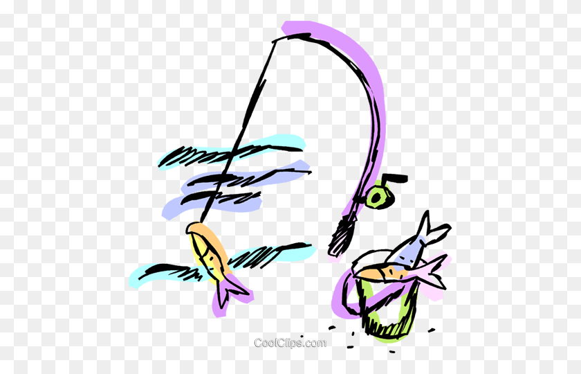 468x480 Caña De Pescar Y Peces Royalty Free Vector Clipart Ilustración - Caña De Pescar Clipart