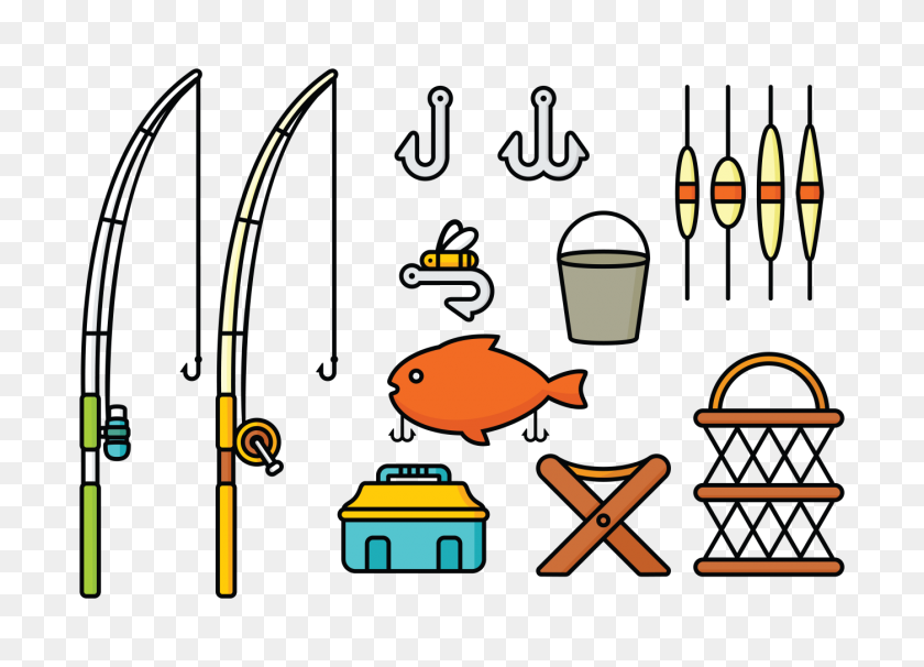 1400x980 Fishing Rod And Tools Vectors - Rod And Reel Clipart