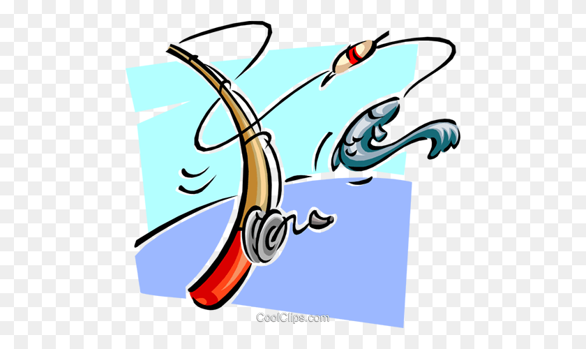 480x440 Fishing Rod Landing Fish Royalty Free Vector Clip Art Illustration - Fishing Pole With Fish Clipart