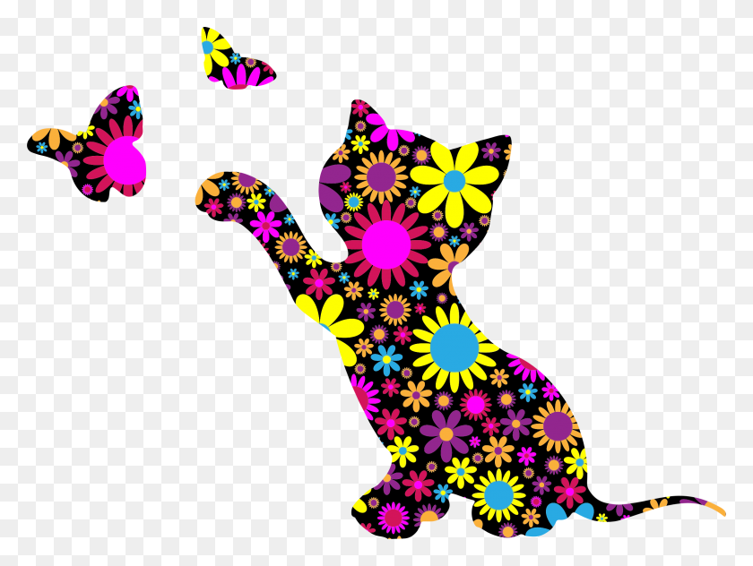 2328x1708 Floral Kitten Playing With Butterflies Silhouette Icons Png - Butterfly Silhouette PNG