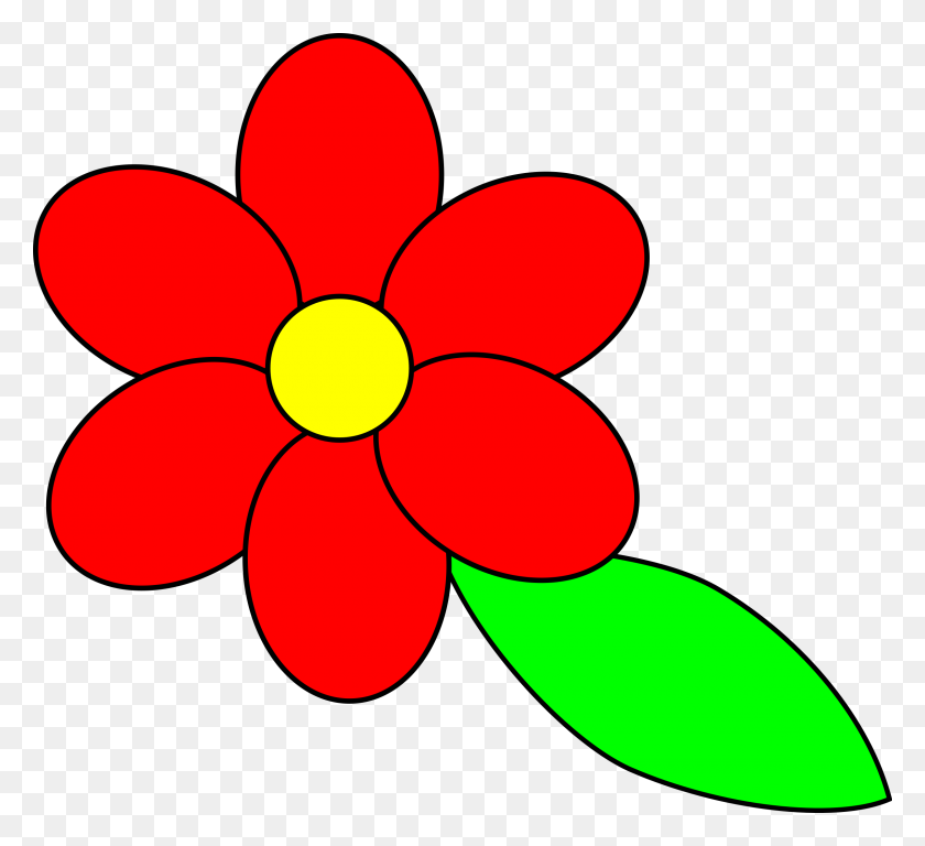 2400x2179 Цветок Шесть Красных Лепестков Черный Контур Зеленые Значки Листьев Png - Лепесток Цветка Png