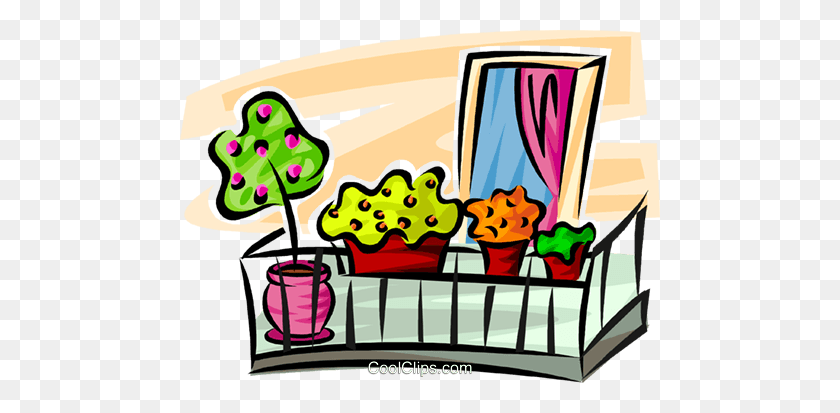 480x353 Flowers In Flower Boxes On A Balcony Royalty Free Vector Clip Art - Outstanding Clipart