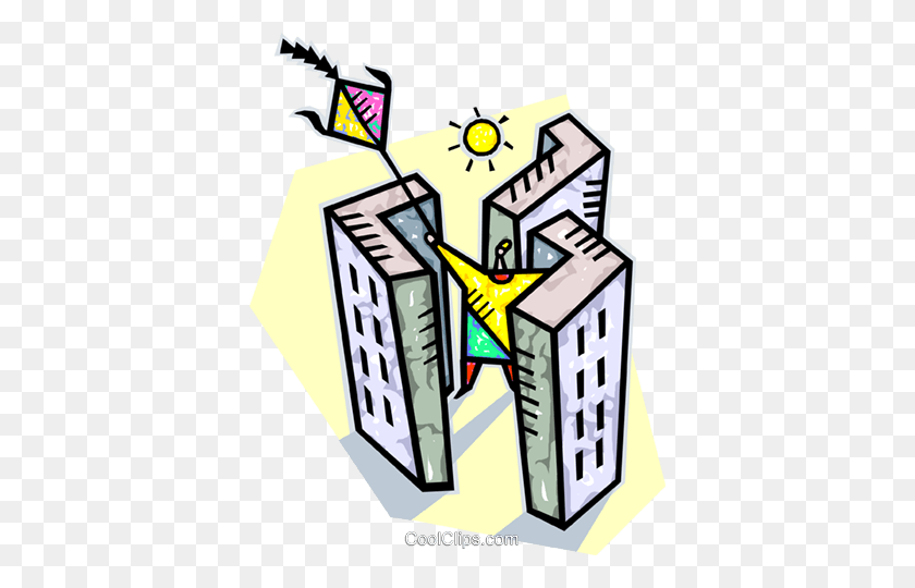 382x480 Flying A Kite Between Buildings Royalty Free Vector Clip Art - Between Clipart