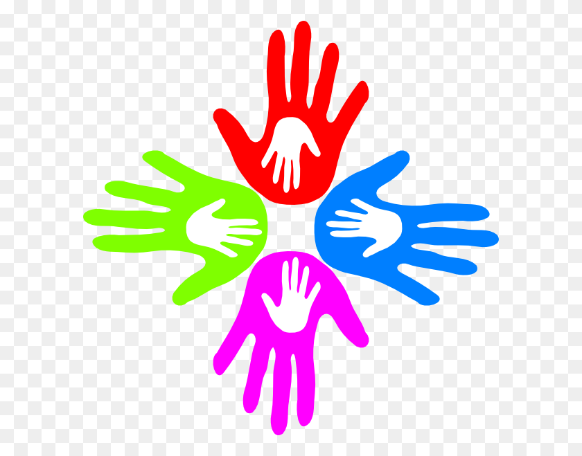 600x599 Four Colored Hands Clip Art - Hands Together Clipart