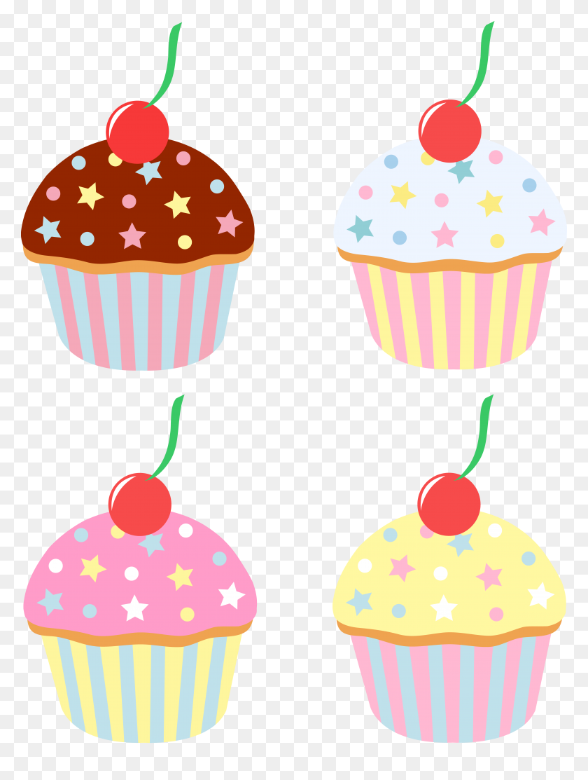 5400x7295 Cuatro Cupcakes Con Cerezas Y Chispas - Cute Strawberry Clipart