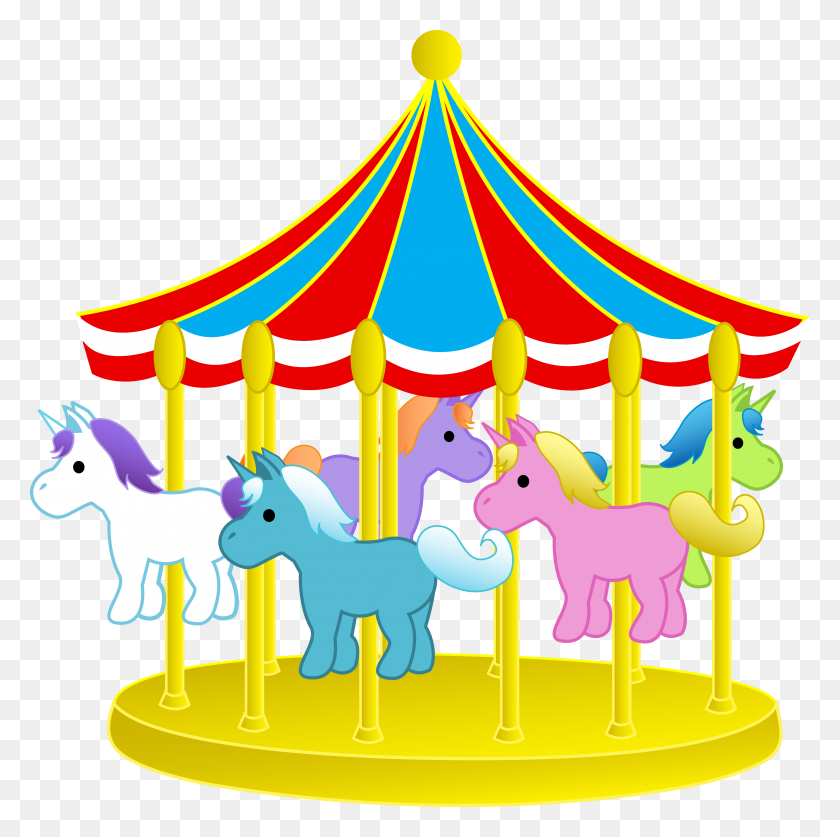 3999x3987 Clipart Gratuito De Un Colorido Carrusel Con Lindos Ponis Sweet Clip - Merry Go Round Clipart