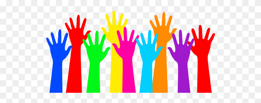 550x274 Free Clip Art Of A Group Of Colorful Hands Raised In The Air - Raise Hand Clipart