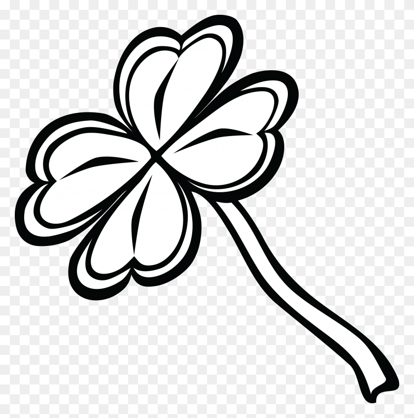 4000x4044 Free Clipart Of A Black And White St Paddy's Day Leaf Clover - Four Leaf Clover Clip Art Black And White