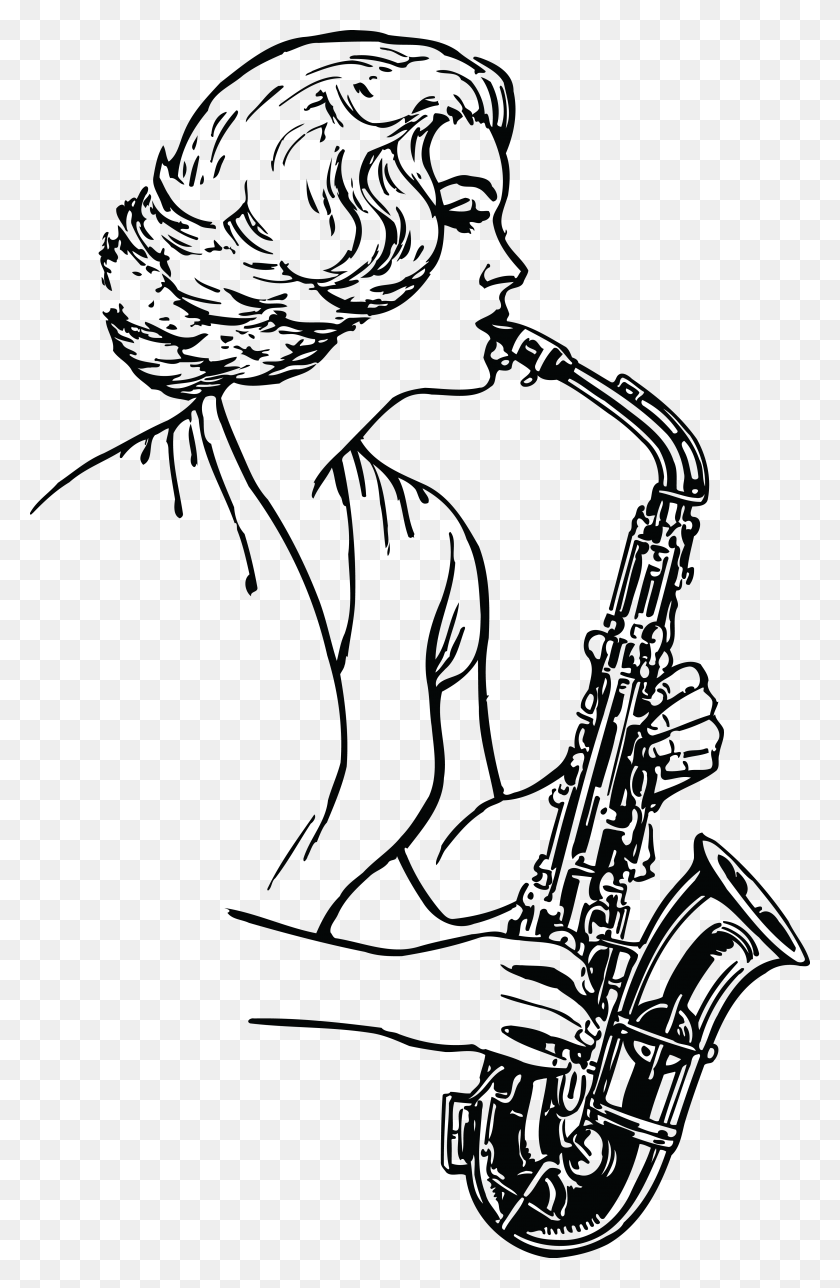 4000x6301 Clipart Gratuito De Una Mujer En Blanco Y Negro Tocando Un Saxofón - Sax Clip