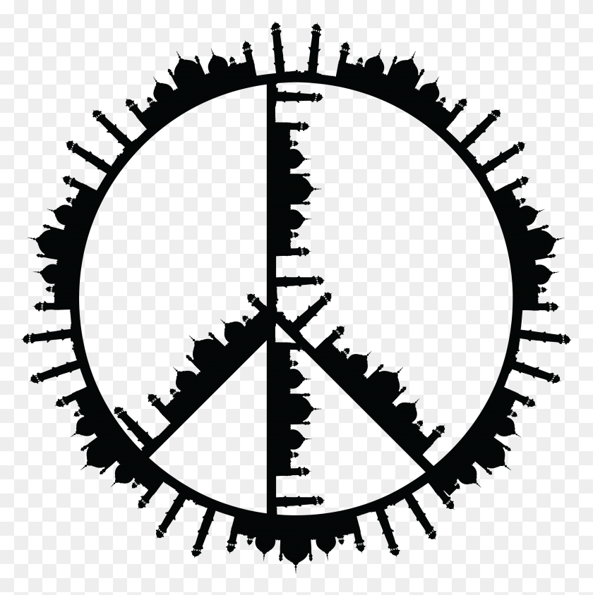 4000x4021 Free Clipart Of A Peace Symbol Of Mosques In Black And White - Peace Sign Clipart Black And White