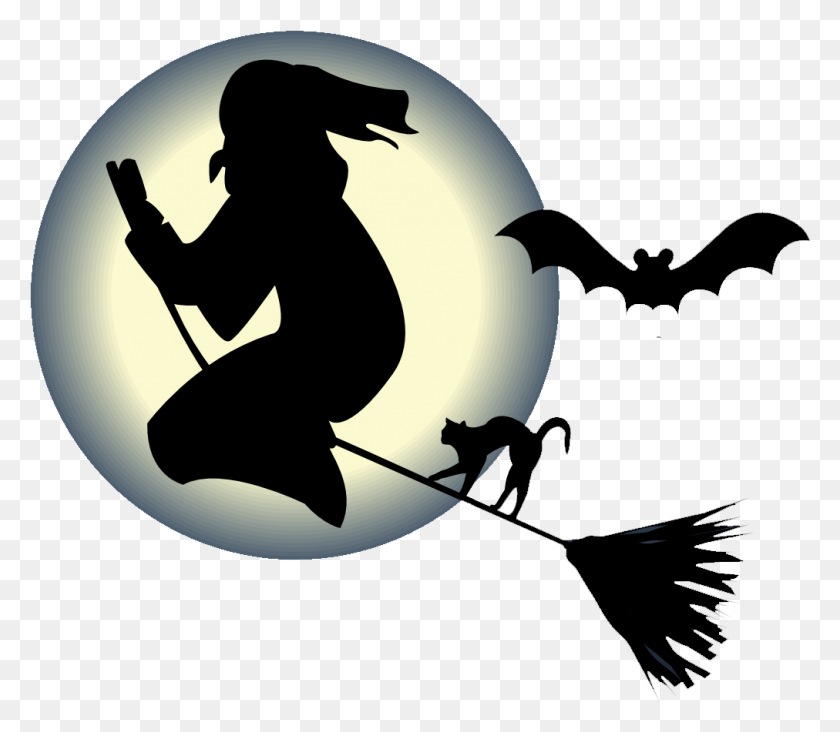 1012x873 Free Witch Flying On A Broom With A Cat And Bat In Front Of The Moon - Witch Broom PNG