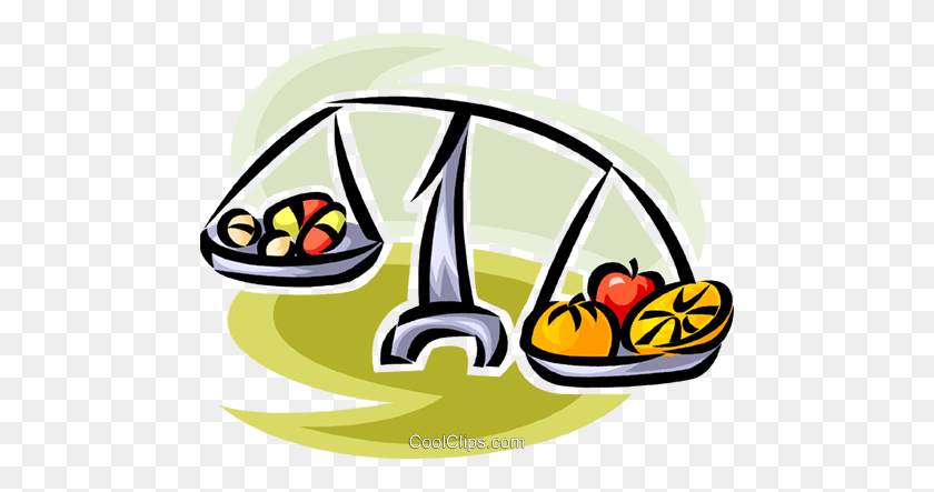 480x383 Fruit And Vegetables On A Scale Royalty Free Vector Clip Art - Vitamins Clipart