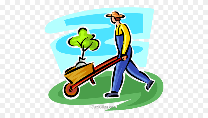 480x420 Gardener With A Plant In A Wheelbarrow Royalty Free Vector Clip - Riding Mower Clipart