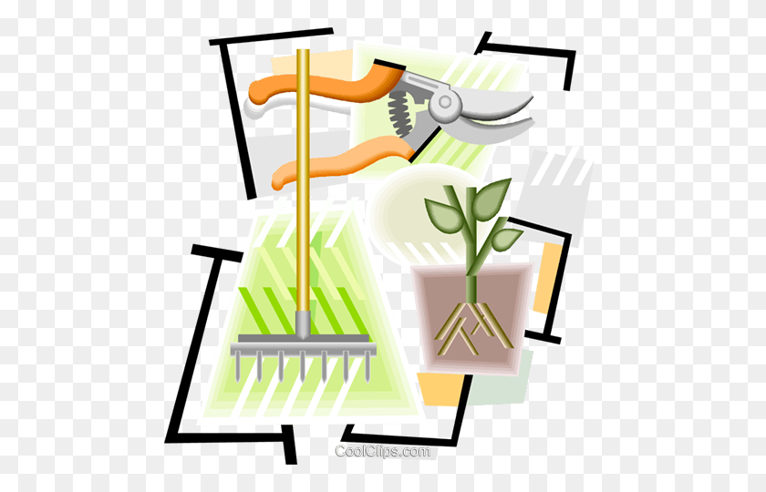 480x480 Gardening Tools, Pruning Shears, Rake Royalty Free Vector Clip Art - Garden Tools Clipart