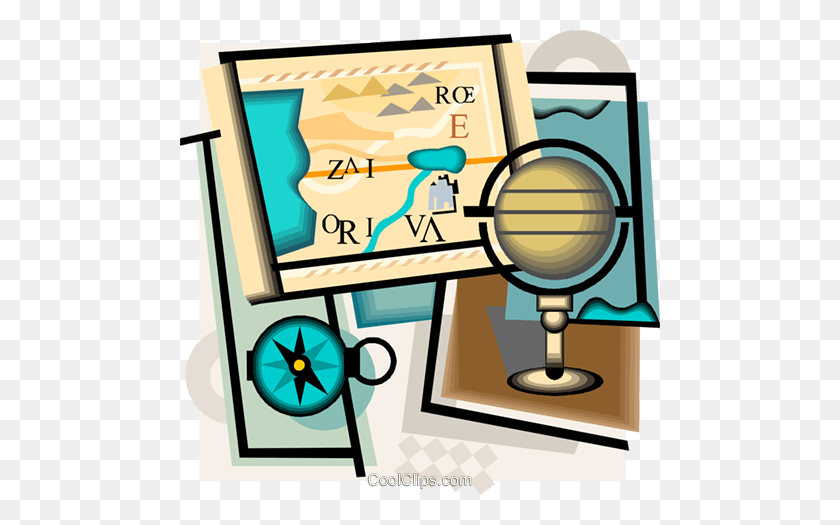 480x465 Geography Motif With Compass, Map, Globe Royalty Free Vector Clip - Geography Clipart