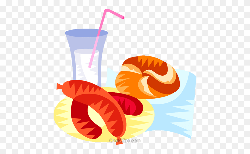 480x457 German Sausage And Roll With Drink Royalty Free Vector Clip Art - Sausage Clipart