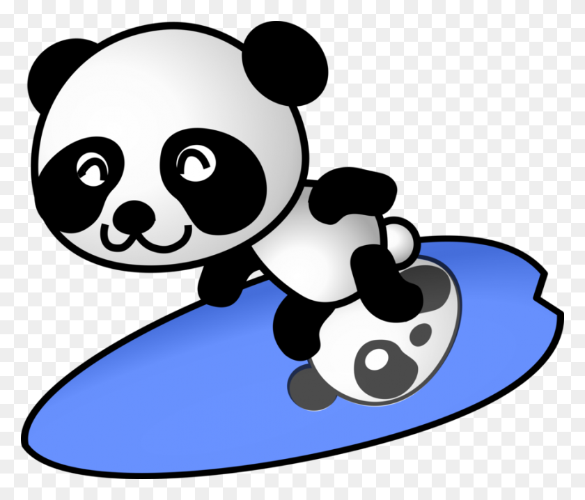 Giant Panda Bear Surfing Red Panda Surfboard - Red Panda Clipart