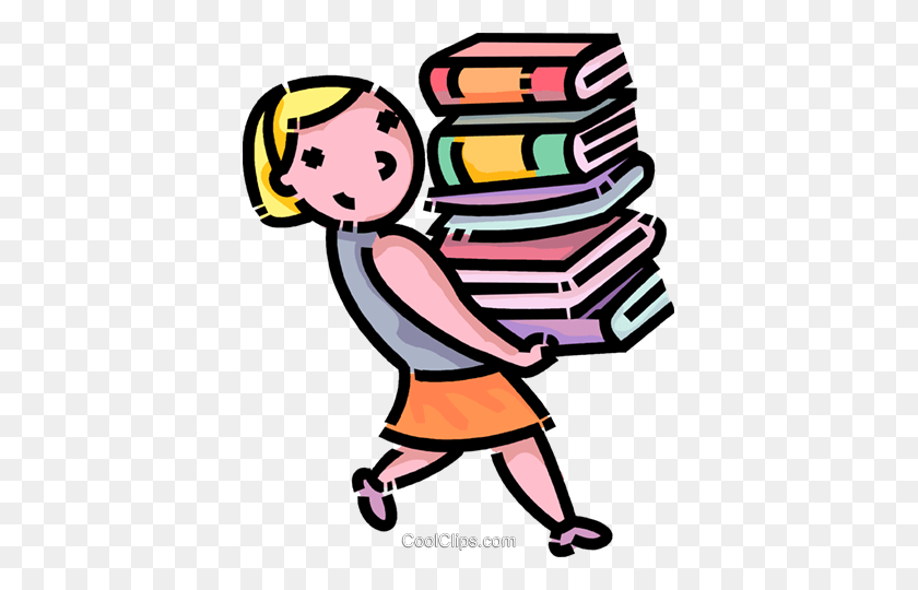 395x480 Girl Carrying A Stack Of Books Royalty Free Vector Clip Art - Book Stack Clipart