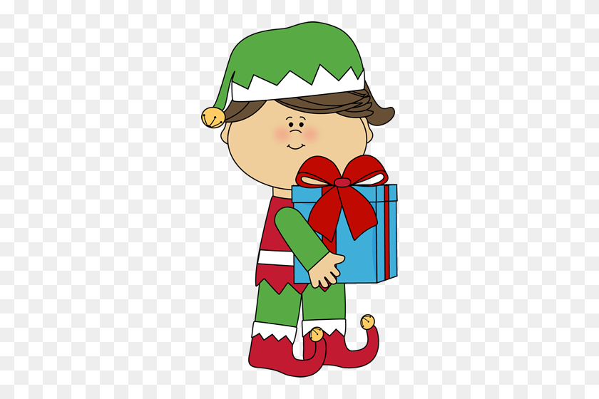 276x500 Girl Christmas Elf With Gift Christmas Clip Art - Girl Elf Clipart