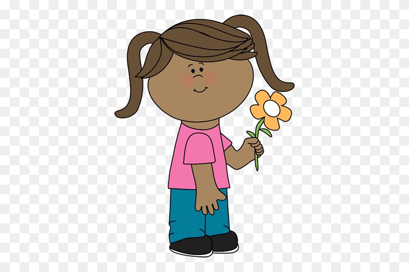 370x500 Girl Holding A Flower Clip Art - Pigtails Clipart