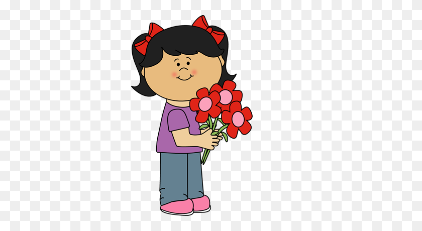 318x400 Girl Holding Valentine's Day Flowers Clip Art - Girl PNG Clipart
