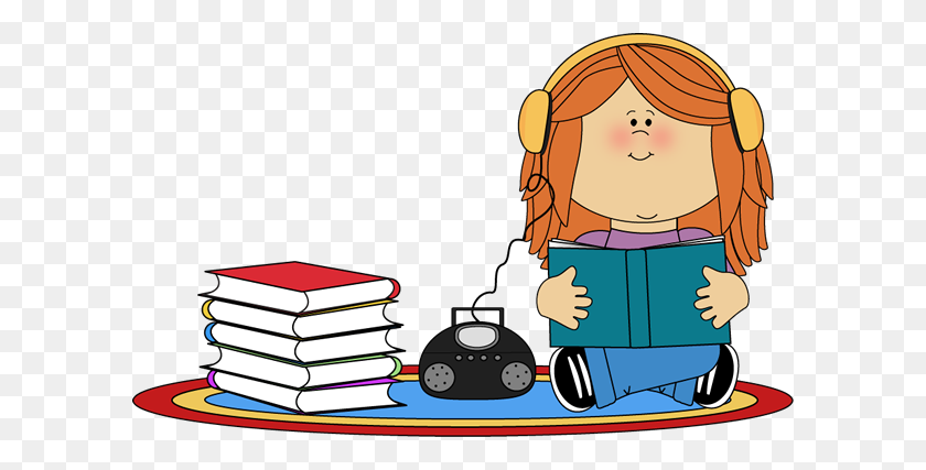 600x367 Chica Escuchando Un Libro Sobre Diarios De Reproductores De Cd, Cuadernos Y Similares - Clipart De Reproductores De Cd
