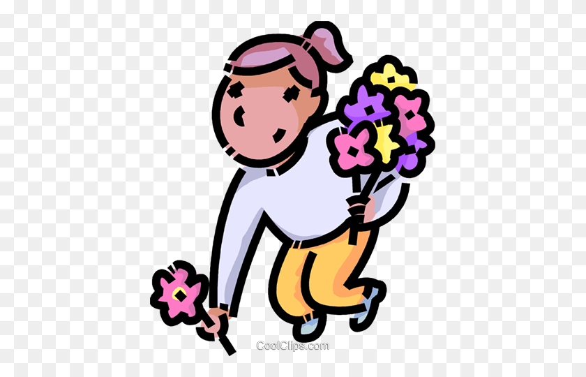 409x480 Girl Picking Flowers Royalty Free Vector Clip Art Illustration - Young Child Clipart