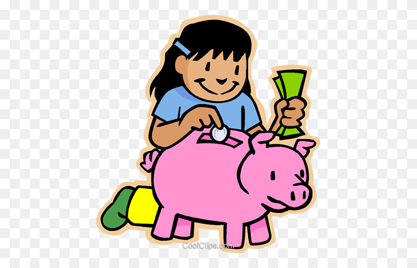 451x480 Girl Putting Money In Piggy Bank Royalty Free Vector Clip Art - Piggy Bank Clipart Free
