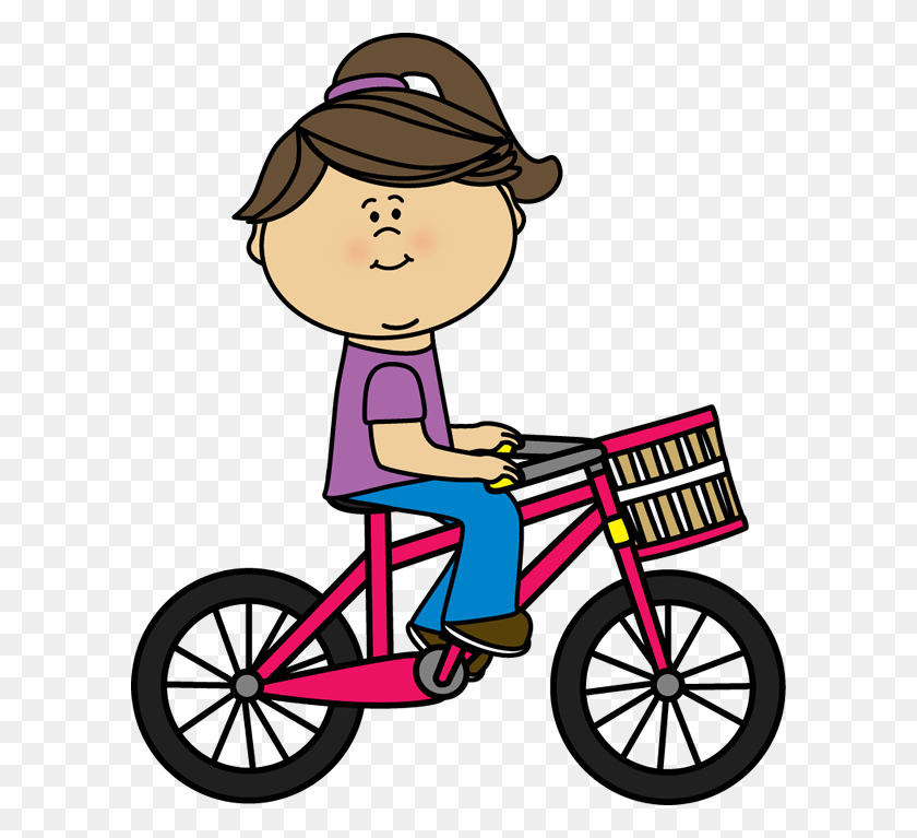 600x707 Chica Montando Una Bicicleta Con Una Cesta De Transporte Clipart - Ride A Bike Clipart