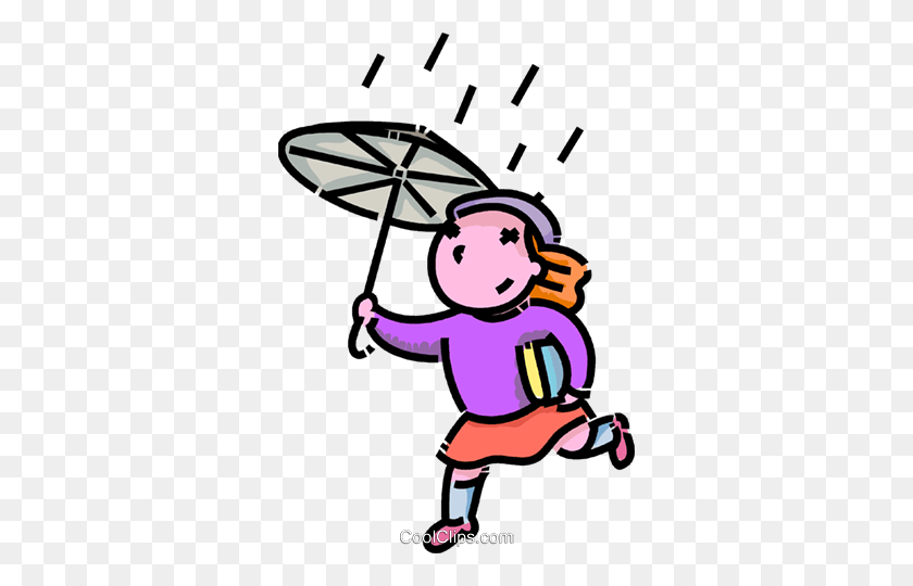 328x480 Girl Running In The Rain Royalty Free Vector Clip Art Illustration - Girl With Umbrella Clipart