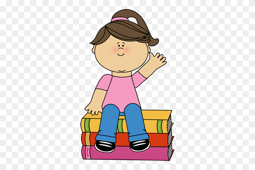 310x500 Girl Sitting On Books And Waving Clip Art - Cleaning Lady Clipart
