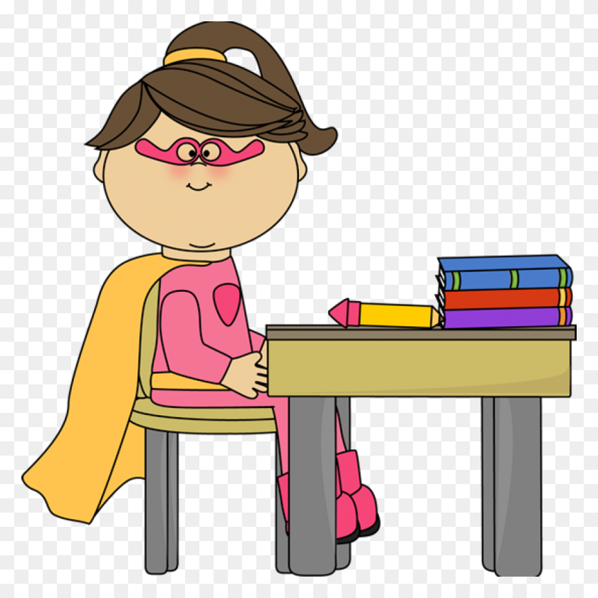 1024x1024 Girl Superhero At School Desk - School Desk PNG