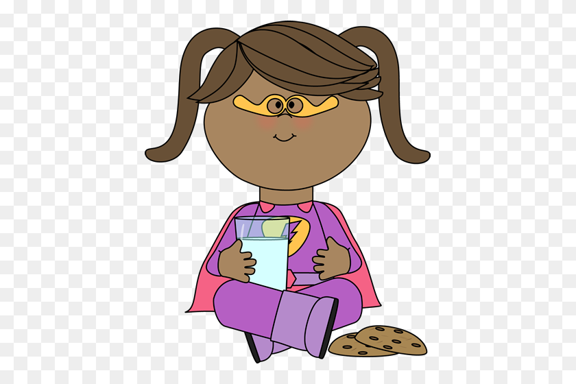 417x500 Girl Superhero With Cookies And Milk Clip Art - Girl Sitting Clipart