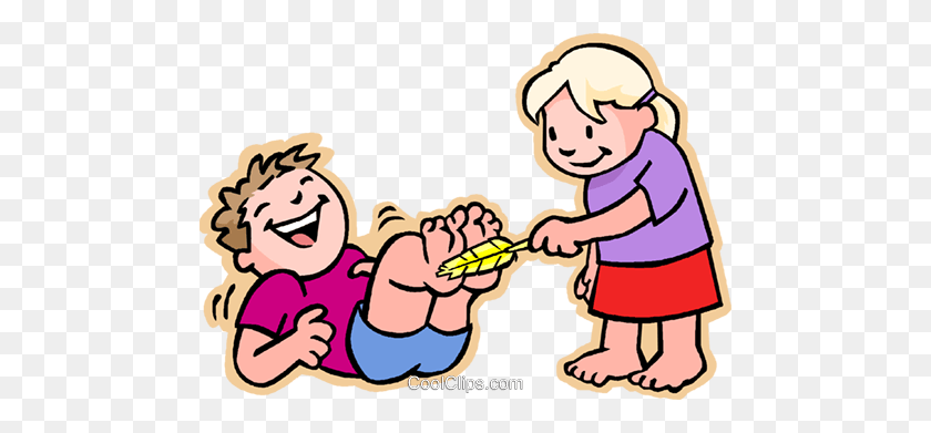 480x331 Girl Tickling Boy On Feet Royalty Free Vector Clip Art - Kids Sharing Toys Clipart
