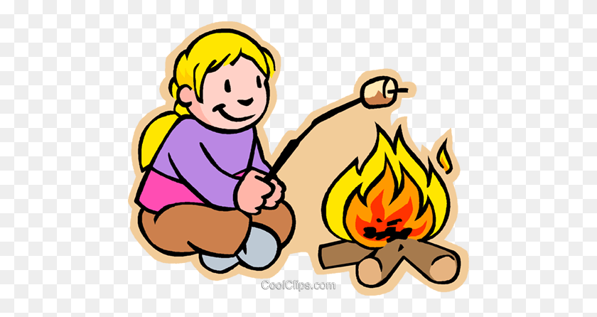 480x386 Girl Toasting Marshmallow Over Fire Royalty Free Vector Clip Art - Marshmallow Clipart