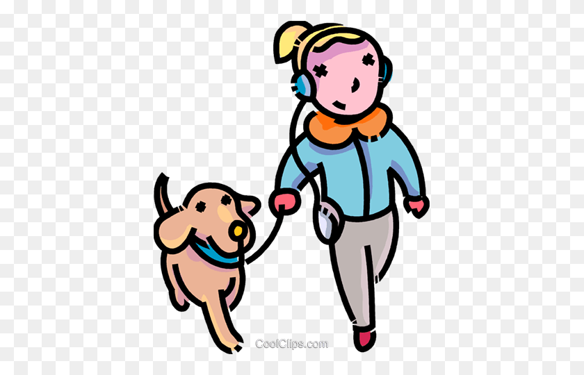 397x480 Girl Walking Her Dog Royalty Free Vector Clip Art Illustration - Girl Walking Clipart
