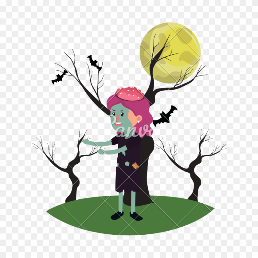 800x800 Girl With Brain Zombie Costume And Bats - Zombie Brains Clipart