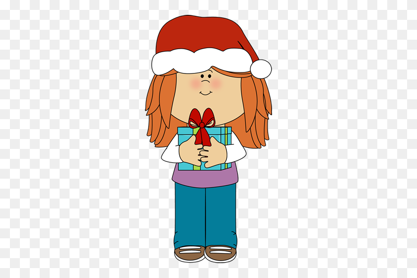 256x500 Girl With Christmas Gift Clip Art - Kids Christmas Clipart