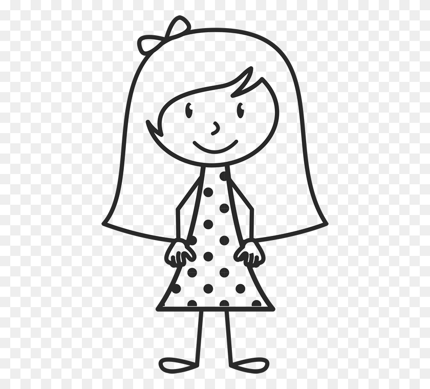 444x700 Girl With Long Hair And Polka Dot Dress Stamp Stick Figure - Stamp Clipart Black And White
