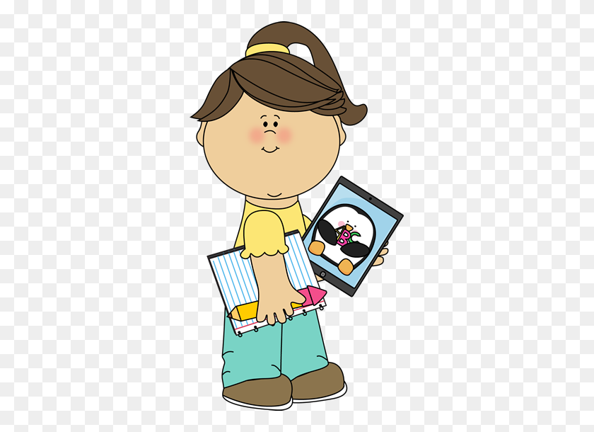 303x550 Girl With School Supplies And A Tablet From Mycutegraphics - Shy Person Clipart