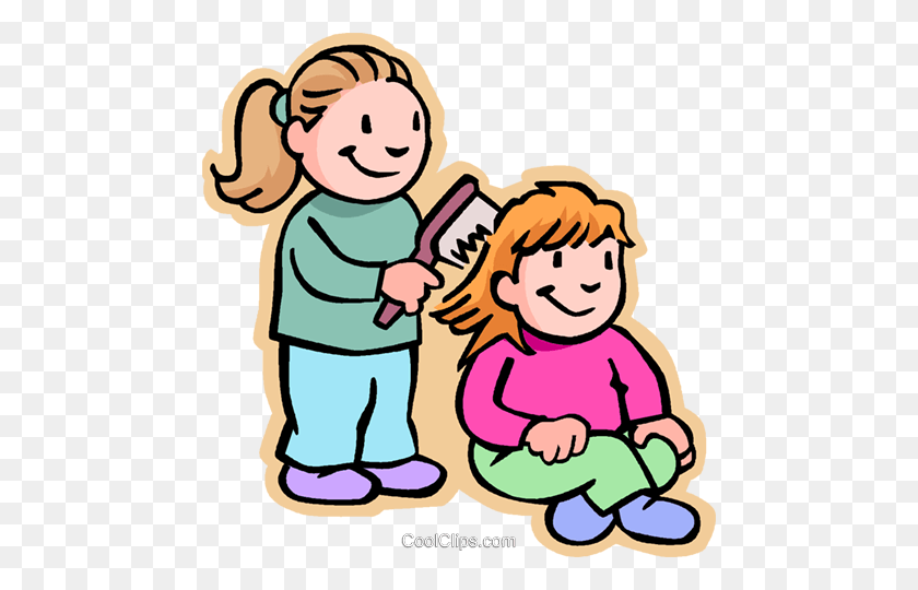 470x480 Girls Brushing Hair Royalty Free Vector Clip Art Illustration - Combing Hair Clipart