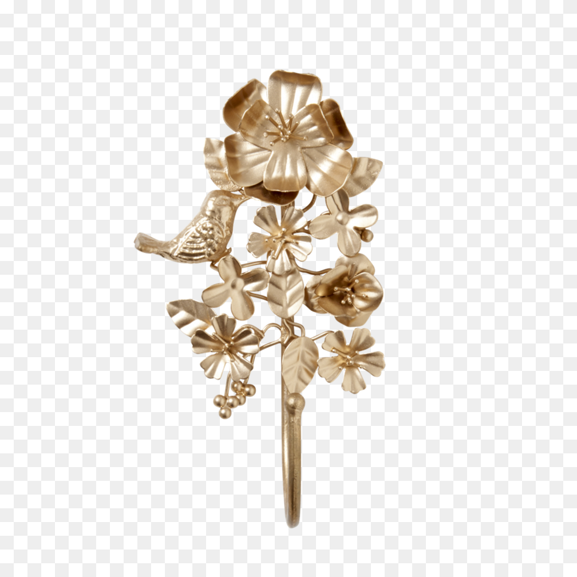 1024x1024 Gold Metal Coat Hooks With Flowers Birds - Gold Flowers PNG