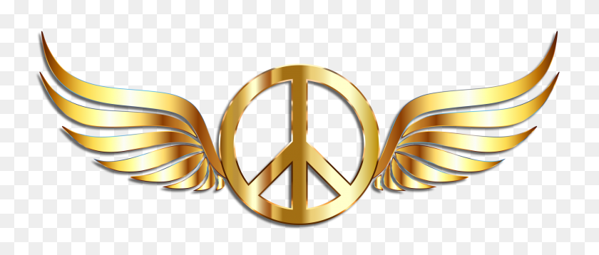 2400x917 Gold Peace Sign Wings With Drop Shadow Icons Png - Peace Sign PNG