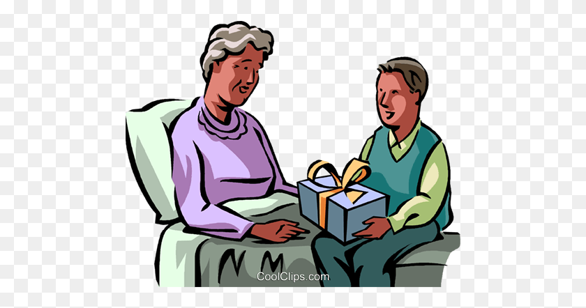 480x382 Grandson Giving His Grandmother A Gift Royalty Free Vector Clip - Gift Giving Clipart