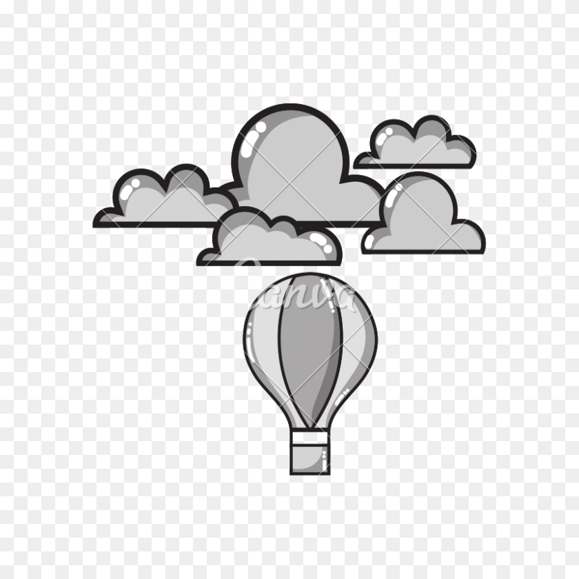 800x800 Grayscale Air Balloon Fly With Cloud Natural Weather - Hot Air Balloon Clipart Black And White