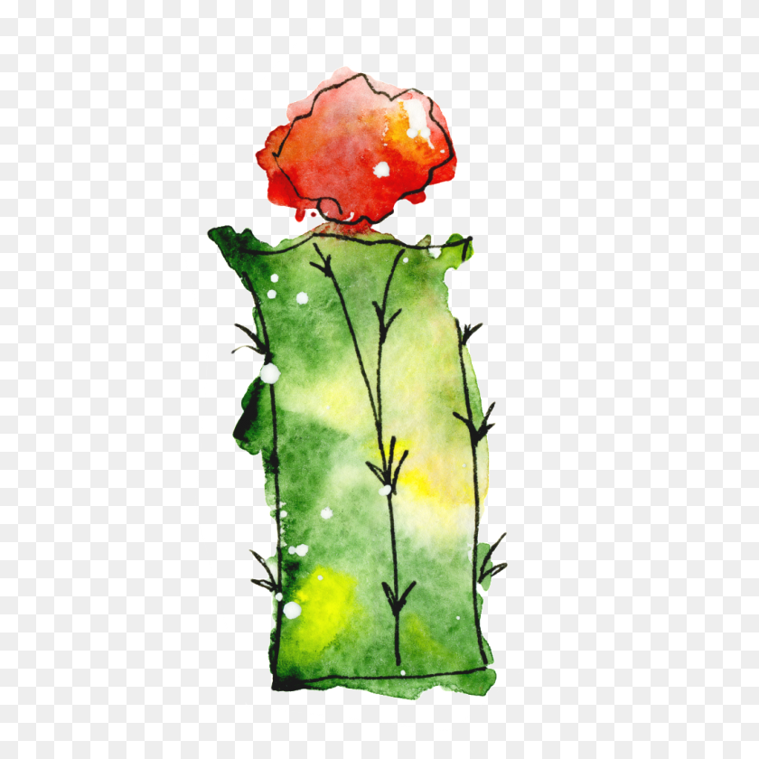 1024x1024 Green Flower Cactus Watercolor Hand Painted Transparent Free Png - Watercolor Cactus PNG