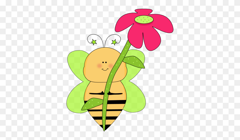 375x430 Green Star Bee With A Pink Flower Clip Art - Floral Border Clip Art